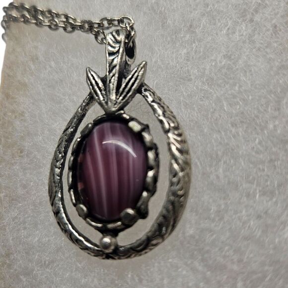 Celtic Purple Agate Pewter Necklace Fillagree Detail - Picture 3 of 6